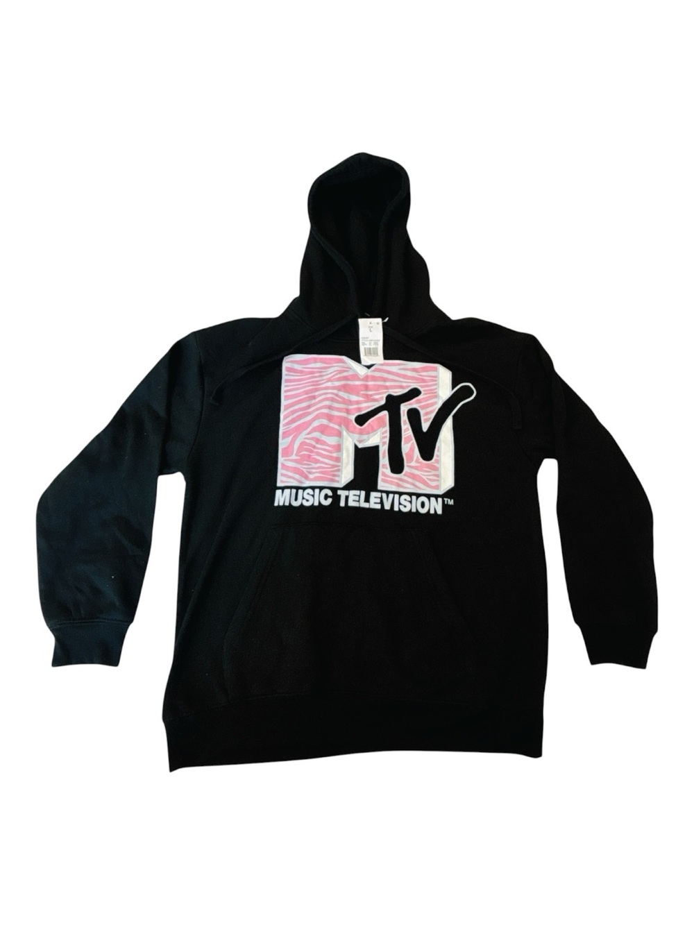 MTV Music Television Hoodie Large Black Pink Zebra Logo Pullover Sweatshirt NWT